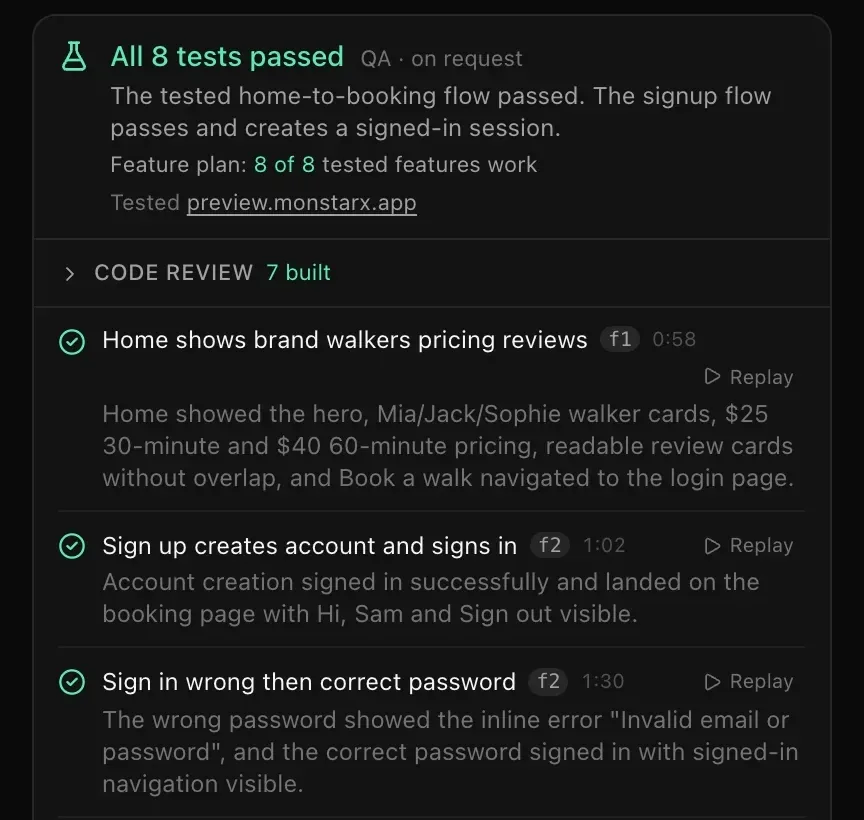 A finished QA card: All 8 tests passed, Feature plan: 8 of 8 tested features work, and each test ticked with its time, a Replay button and what the browser saw