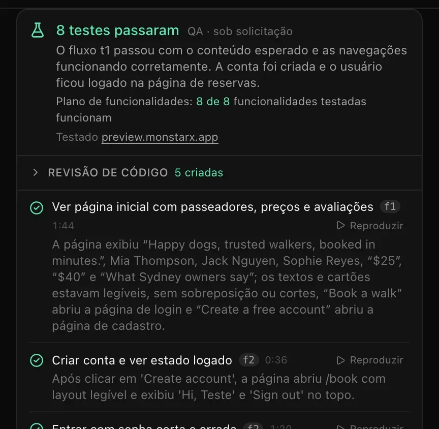Um cartão de QA concluído: 8 testes passaram, Plano de funcionalidades: 8 de 8 funcionalidades testadas funcionam, a linha Revisão de código com 5 criadas e cada teste marcado com o tempo, um botão Reproduzir e o que o navegador viu