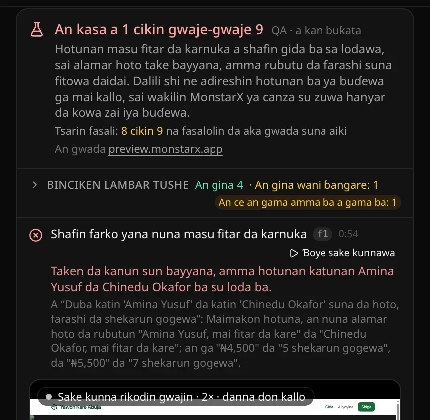 Katin QA da ya kammala: An kasa a 1 cikin gwaje-gwaje 9, tare da bayani a sauƙaƙe na dalilin (hotunan masu fitar da karnuka ba sa lodawa) da gyaran da ake buƙata, Tsarin fasali: 8 cikin 9 na fasalolin da aka gwada suna aiki, da layin Binciken lambar tushe; gwajin da ya kasa yana da alamar ja, matakin da ya kasa da abin da shafin ya nuna, tare da bidiyon gwajin