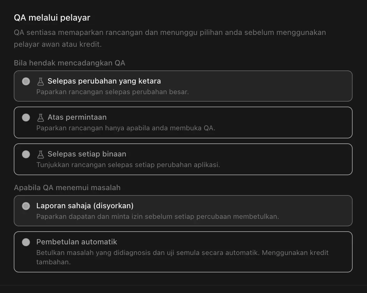QA melalui pelayar dalam tetapan projek: Bila hendak mencadangkan QA (Selepas perubahan yang ketara, Atas permintaan, Selepas setiap binaan) dan Apabila QA menemui masalah (Laporan sahaja (disyorkan) atau Pembetulan automatik)