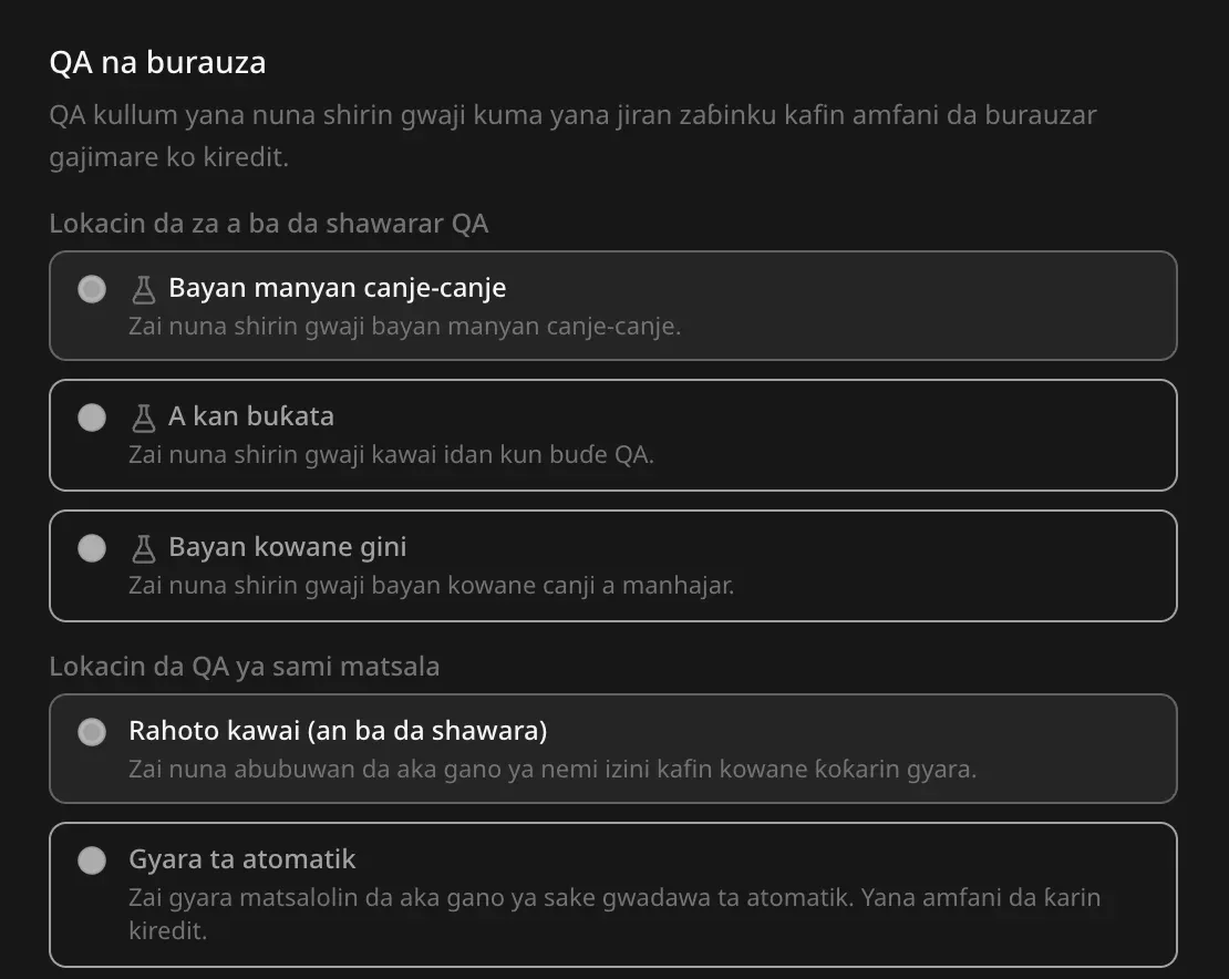 Sashen QA na burauza a Saitunan aikin: Lokacin da za a ba da shawarar QA (Bayan manyan canje-canje, A kan buƙata, Bayan kowane gini) da Lokacin da QA ya sami matsala (Rahoto kawai (an ba da shawara) ko Gyara ta atomatik)