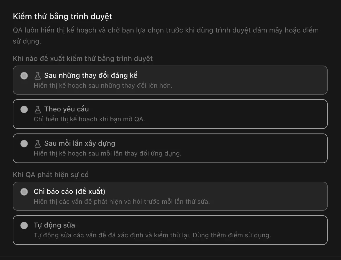 Kiểm thử bằng trình duyệt, trong cài đặt dự án: mục Khi nào đề xuất kiểm thử bằng trình duyệt (Sau những thay đổi đáng kể, Theo yêu cầu, Sau mỗi lần xây dựng) và mục Khi QA phát hiện sự cố (Chỉ báo cáo (đề xuất) hoặc Tự động sửa)