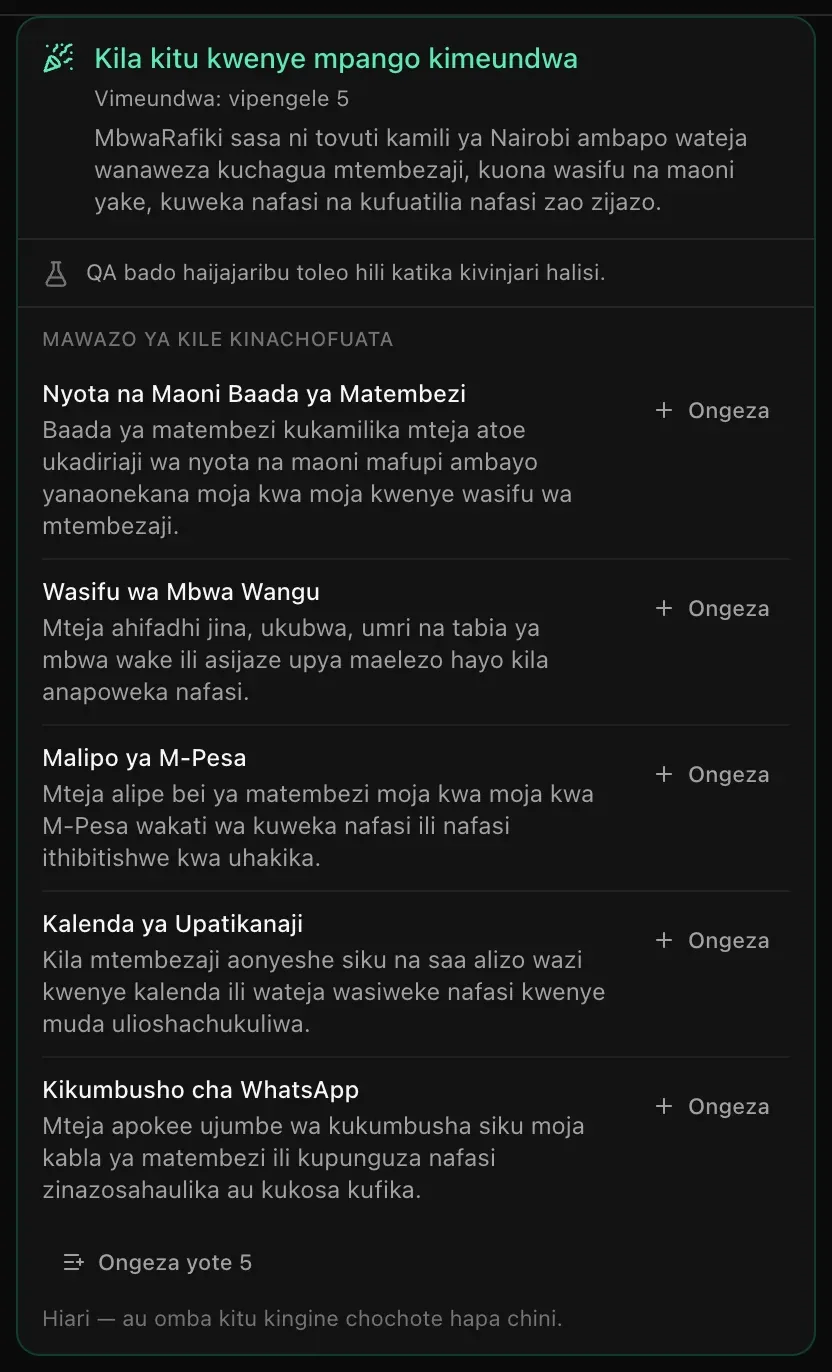Kadi ya kumalizia ya MbwaRafiki: Kila kitu kwenye mpango kimeundwa, Vimeundwa: vipengele 5, QA bado haijajaribu toleo hili katika kivinjari halisi, na mawazo matano ya kinachofuata yenye vitufe vya Ongeza na Ongeza yote 5