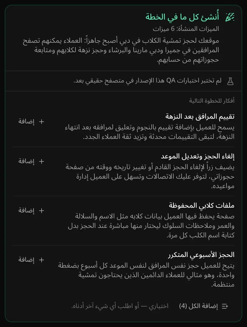 بطاقة الختام: «أُنشئ كل ما في الخطة»، و6 ميزات مُنشأة، وملخص عن موقع حجز تمشية الكلاب في دبي، وتنبيه بأن اختبارات QA لم تختبر هذا الإصدار في متصفح حقيقي بعد، وأربع أفكار للخطوة التالية مع أزرار «إضافة» و«إضافة الكل (4)»