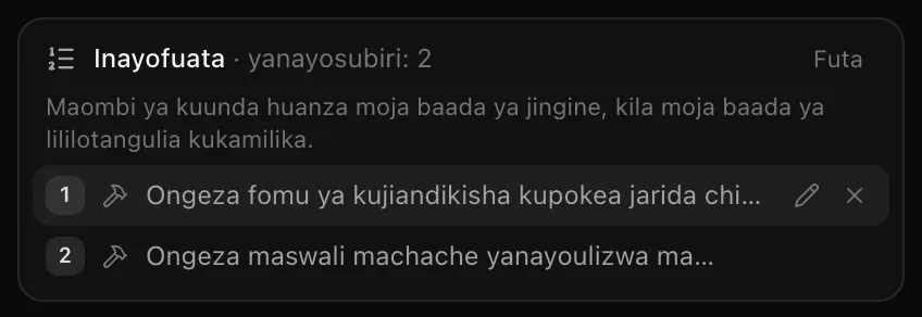 Inayofuata · yanayosubiri: 2 — Maombi ya kuunda huanza moja baada ya jingine, kila moja baada ya lililotangulia kukamilika, ombi la fomu ya jarida likiwa la kwanza baada ya kusogezwa juu, na ombi la maswali yanayoulizwa mara kwa mara la pili, pamoja na vitufe vya kuhariri na kuondoa