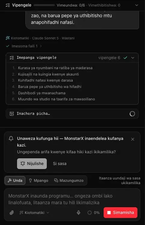 Mazungumzo wakati tovuti ya yoga inaundwa: ombi, Kiotomatiki · Claude Sonnet 5, kisha Imepanga vipengele pamoja na vipengele 6 — kurasa ya nyumbani na ratiba ya madarasa, kujisajili na kuingia kwenye akaunti, kuhifadhi nafasi kwenye darasa, barua pepe ya uthibitisho wa hifadhi, dashibodi ya mwanachama, na muundo wa studio na taarifa za mawasiliano — Inachora picha…, na kadi ya Unaweza kufunga hii