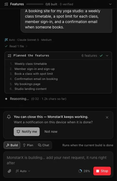 The chat while the yoga site builds: the request, then Planned the features with six features — Weekly class timetable, Member sign-in and sign-up, Book a class with spot limit, Confirmation email on booking, My bookings page, Studio landing content — and Reasoning