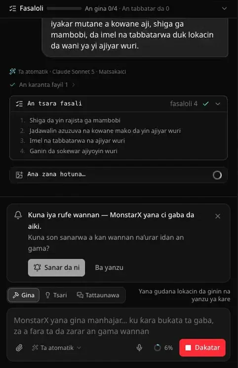Tattaunawar yayin da ake gina shafin yoga: buƙatar, Ta atomatik · Claude Sonnet 5, sannan “An tsara fasali” tare da fasaloli 4 — shiga da yin rajista ga mambobi, jadawalin azuzuwa na kowane mako da yin ajiyar wuri, imel na tabbatarwa na ajiyar wuri, da ganin da sokewar ajiyoyin wuri — “Ana zana hotuna…”, da katin “Kuna iya rufe wannan”