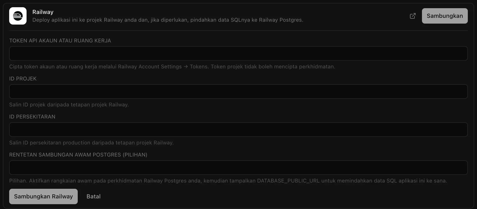 Borang penyambung Railway: Token API akaun atau ruang kerja, ID projek, ID persekitaran dan Rentetan sambungan awam Postgres yang pilihan, dengan butang Sambungkan Railway dan Batal