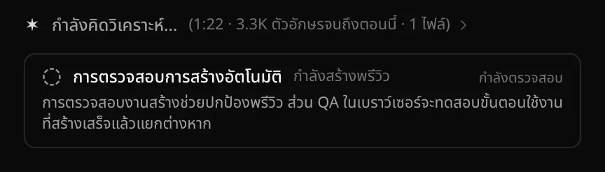 งานสร้างที่กำลังทำ มีบรรทัดกำลังคิดวิเคราะห์… แบบสดพร้อมเวลา จำนวนตัวอักษรจนถึงตอนนี้ และจำนวนไฟล์ และใต้บรรทัดคือการ์ดการตรวจสอบการสร้างอัตโนมัติที่กำลังสร้างพรีวิวและกำลังตรวจสอบ