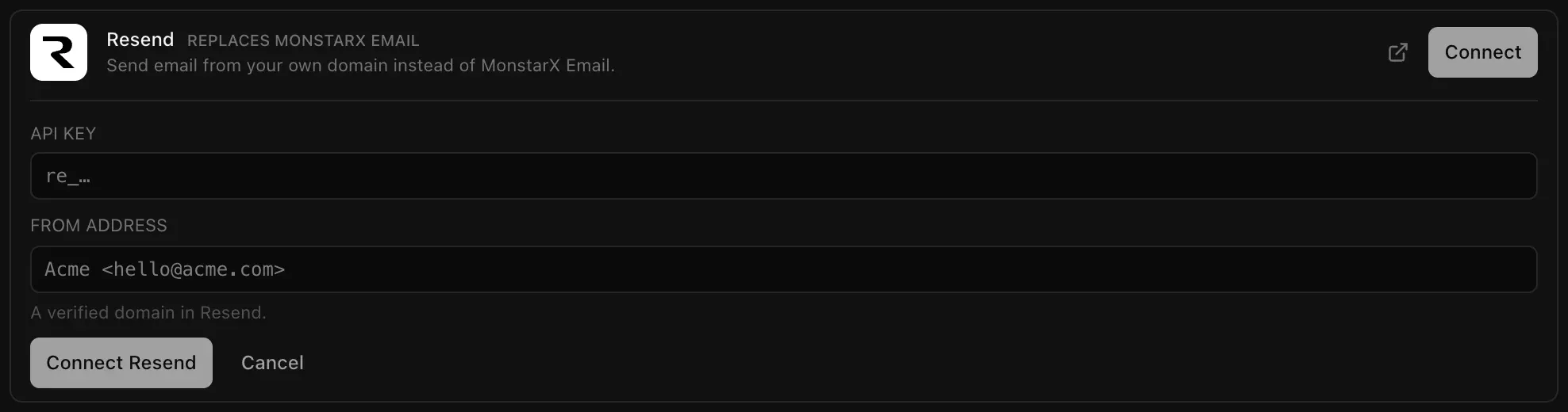The Resend connector open in Backend, Cloud, marked Replaces MonstarX Email: fields for the API key and the From address, with the hint A verified domain in Resend