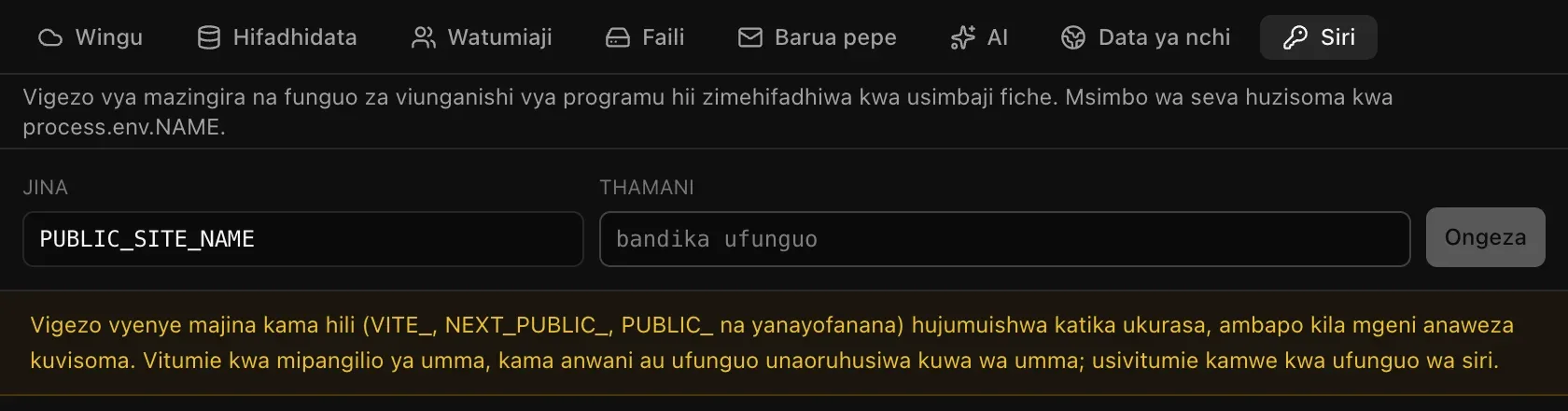 Kuandika PUBLIC_SITE_NAME kunaonyesha onyo kwamba vigezo vyenye majina kama hili hujumuishwa katika ukurasa, ambapo kila mgeni anaweza kuvisoma