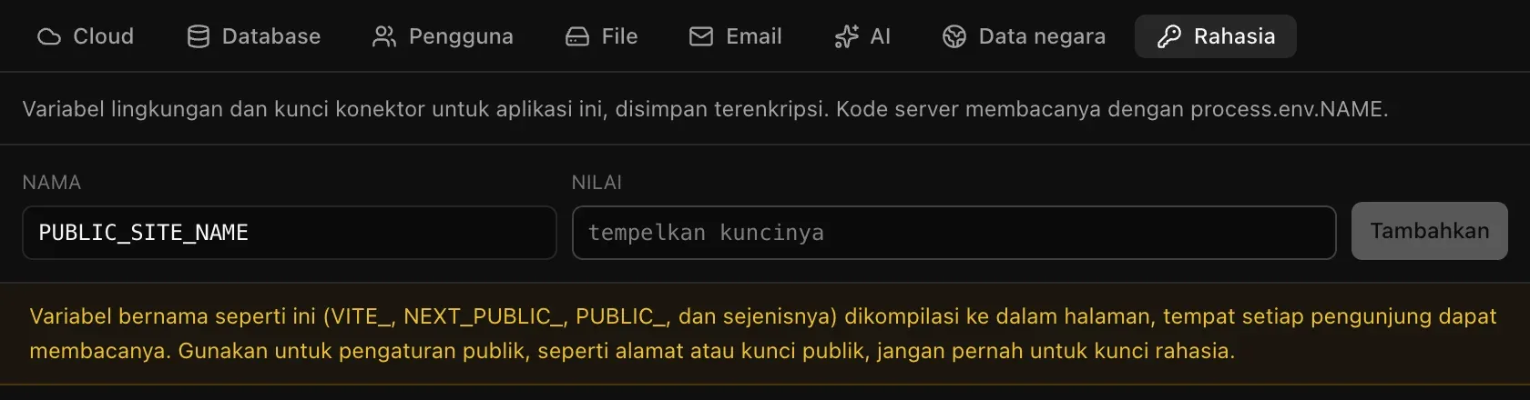 Mengetik PUBLIC_SITE_NAME memunculkan peringatan bahwa variabel bernama seperti ini dikompilasi ke dalam halaman, tempat setiap pengunjung dapat membacanya