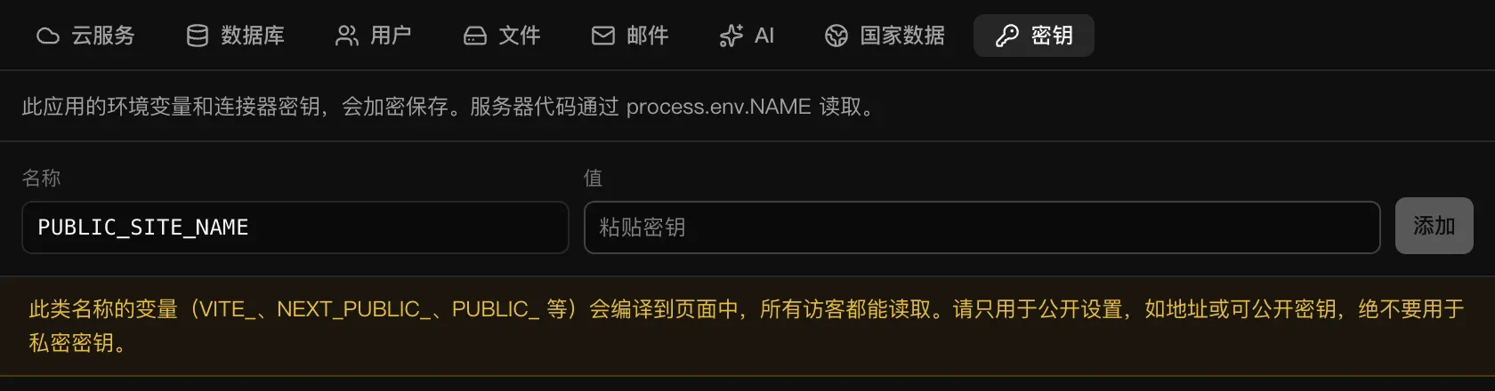 输入 PUBLIC_SITE_NAME 时出现提醒：此类名称的变量会编译到页面中，所有访客都能读取