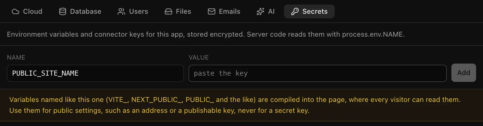 Typing PUBLIC_SITE_NAME shows a warning that variables named like this are compiled into the page, where every visitor can read them
