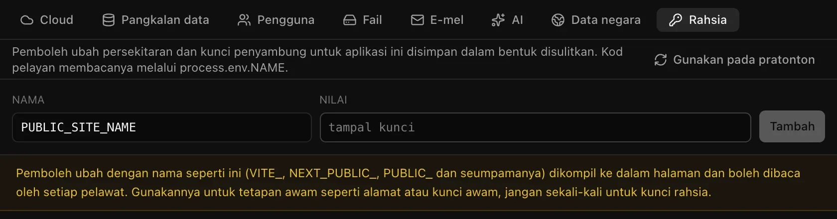Menaip PUBLIC_SITE_NAME memaparkan amaran bahawa pemboleh ubah dengan nama seperti ini dikompilasi ke dalam halaman, tempat setiap pelawat boleh membacanya