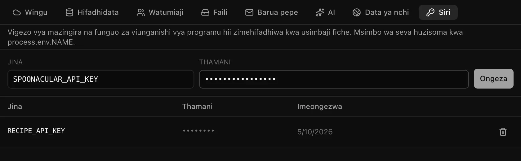 Huduma za wingu, Siri: jina SPOONACULAR_API_KEY na thamani iliyofichwa tayari kuongezwa, na RECIPE_API_KEY ikiwa tayari imehifadhiwa na thamani yake ikionyeshwa kama nukta