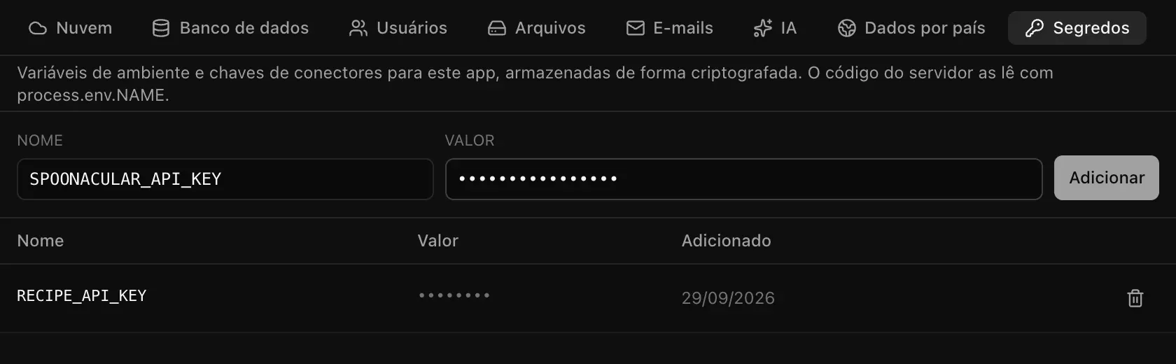 Backend, Segredos: o nome SPOONACULAR_API_KEY e um valor oculto prontos para adicionar, e RECIPE_API_KEY já salvo, com o valor exibido como pontinhos