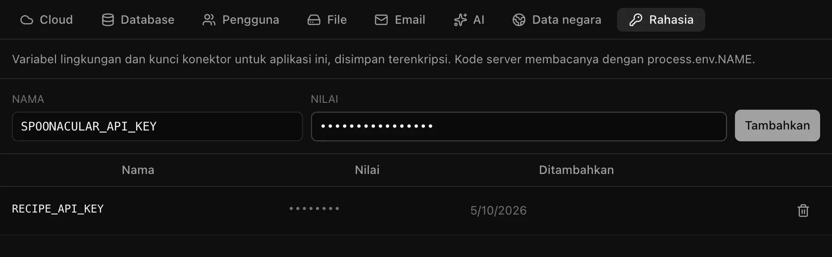 Bagian Rahasia di Backend: nama SPOONACULAR_API_KEY dan nilai tersembunyi yang siap ditambahkan, serta RECIPE_API_KEY yang sudah tersimpan dengan nilai berupa titik-titik