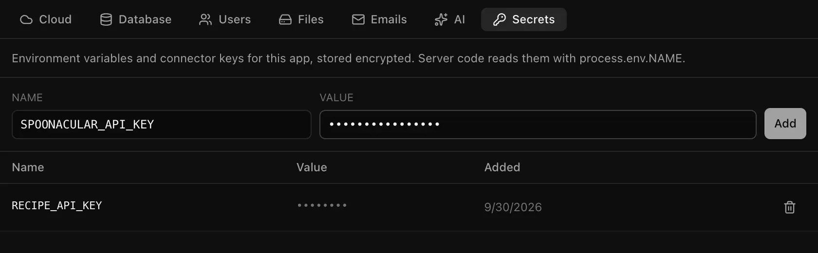 Backend, Secrets: the name SPOONACULAR_API_KEY and a hidden value ready to add, and RECIPE_API_KEY already saved with its value shown as dots