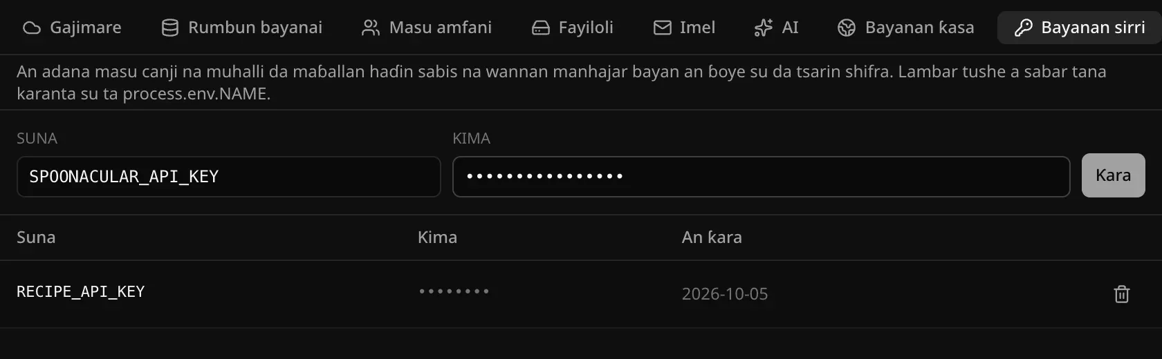Sabis na gajimare, Bayanan sirri: sunan SPOONACULAR_API_KEY da ƙima a ɓoye a shirye don ƙarawa, da RECIPE_API_KEY da aka riga aka ajiye tare da ƙimarsa a ɗigo-ɗigo