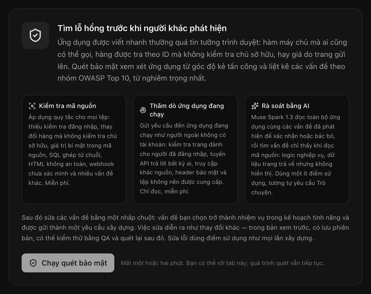 Tab Bảo mật trước lần quét đầu tiên: Tìm lỗ hổng trước khi người khác phát hiện, với Kiểm tra mã nguồn, Thăm dò ứng dụng đang chạy và Rà soát bằng AI, cùng nút Chạy quét bảo mật