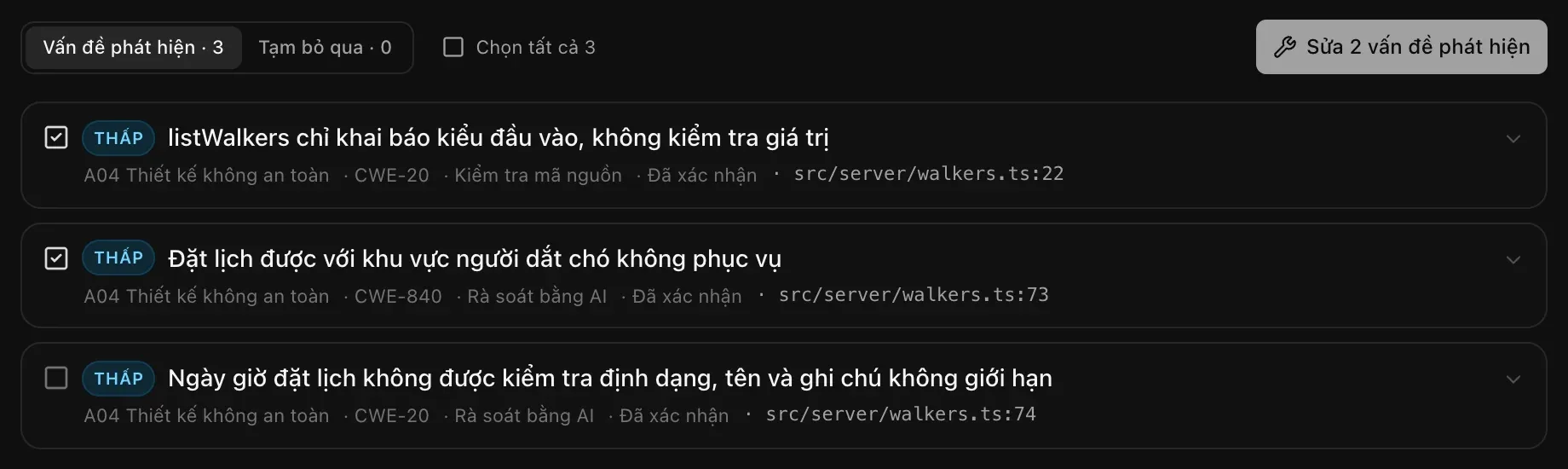Hai vấn đề phát hiện đã được đánh dấu và nút Sửa 2 vấn đề phát hiện