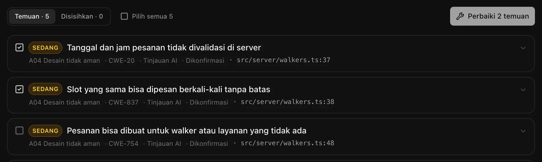 Dua temuan dicentang dan tombol Perbaiki 2 temuan