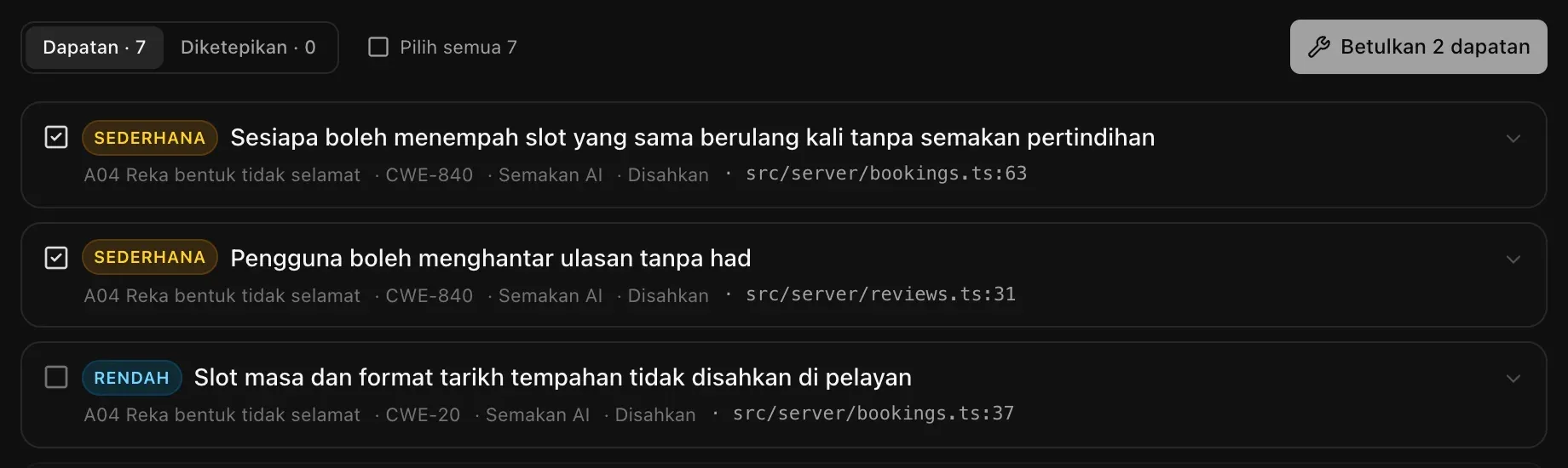 Dua dapatan ditanda dan butang Betulkan 2 dapatan