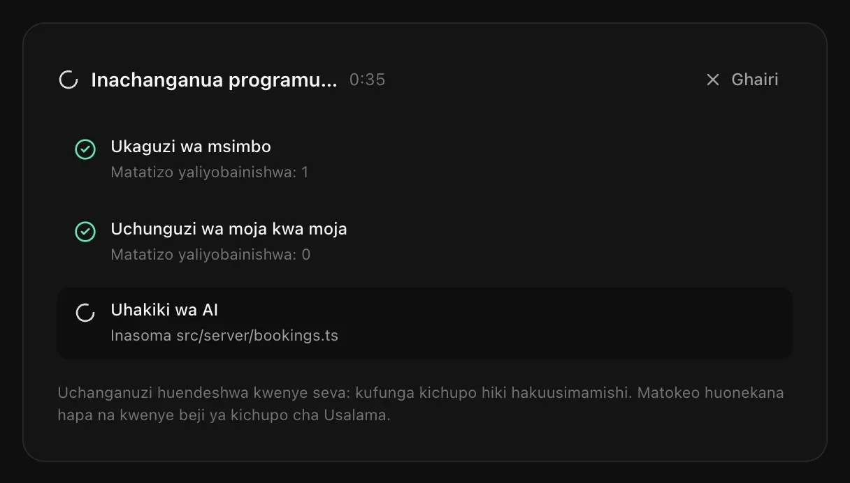 Inachanganua programu: Ukaguzi wa msimbo umekamilika na matatizo 1 yaliyobainishwa, Uchunguzi wa moja kwa moja umekamilika na matatizo 0, Uhakiki wa AI unasoma src/server/bookings.ts