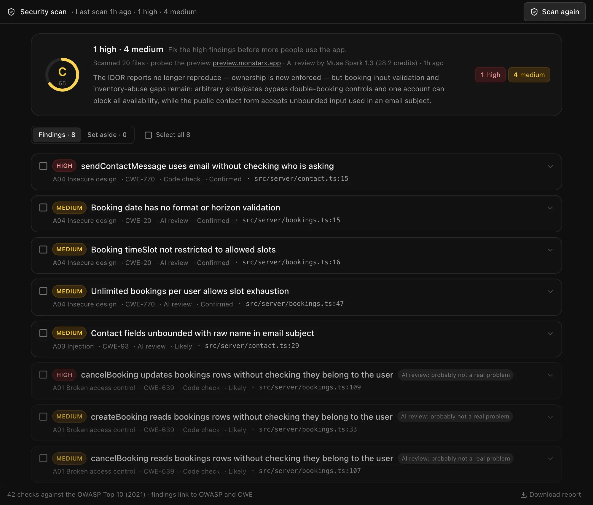 Security scan results: grade C, 65 out of 100, 1 high and 4 medium findings, the AI review's summary, and the list of findings with their OWASP category, CWE and file
