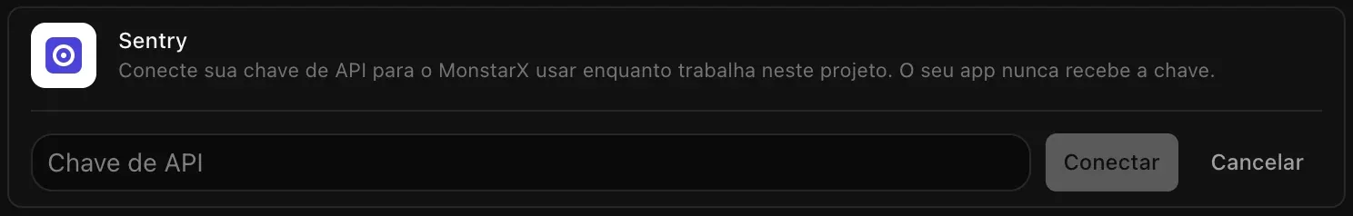A linha do Sentry aberta para conectar, com o campo Chave de API vazio e os botões Conectar e Cancelar