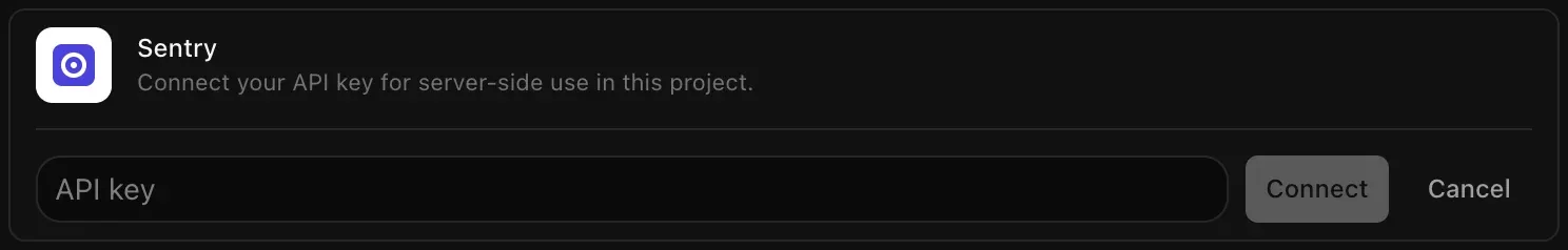 The Sentry row opened for connecting, with an empty API key field and Connect and Cancel buttons