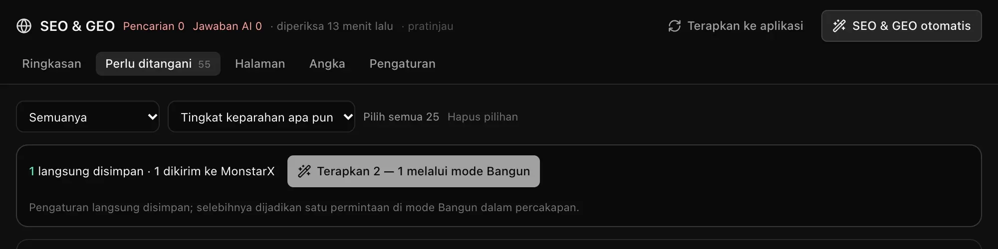 Bilah penerapan: 1 langsung disimpan · 1 dikirim ke MonstarX, dengan tombol Terapkan 2 — 1 melalui mode Bangun