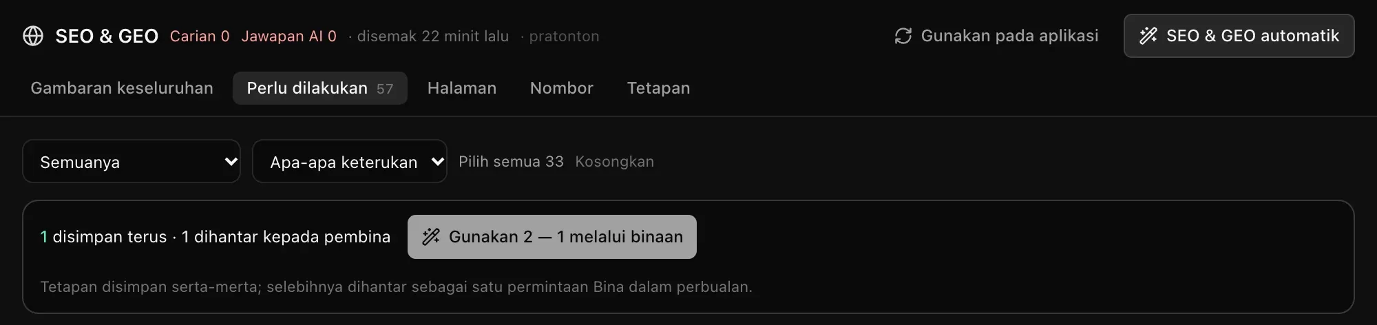 Bar penggunaan: 1 disimpan terus · 1 dihantar kepada pembina, dengan butang Gunakan 2 — 1 melalui binaan