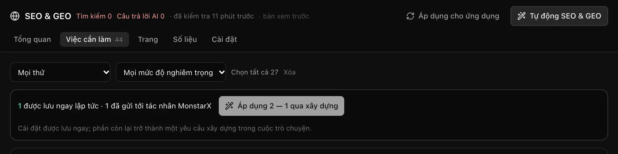 Thanh áp dụng: 1 được lưu ngay lập tức · 1 đã gửi tới tác nhân MonstarX, cùng nút Áp dụng 2 — 1 qua xây dựng