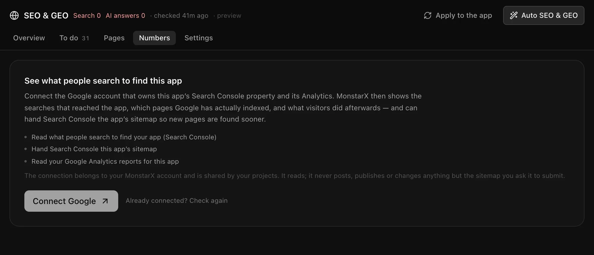 Numbers: See what people search to find this app, with what the connection can do and a Connect Google button