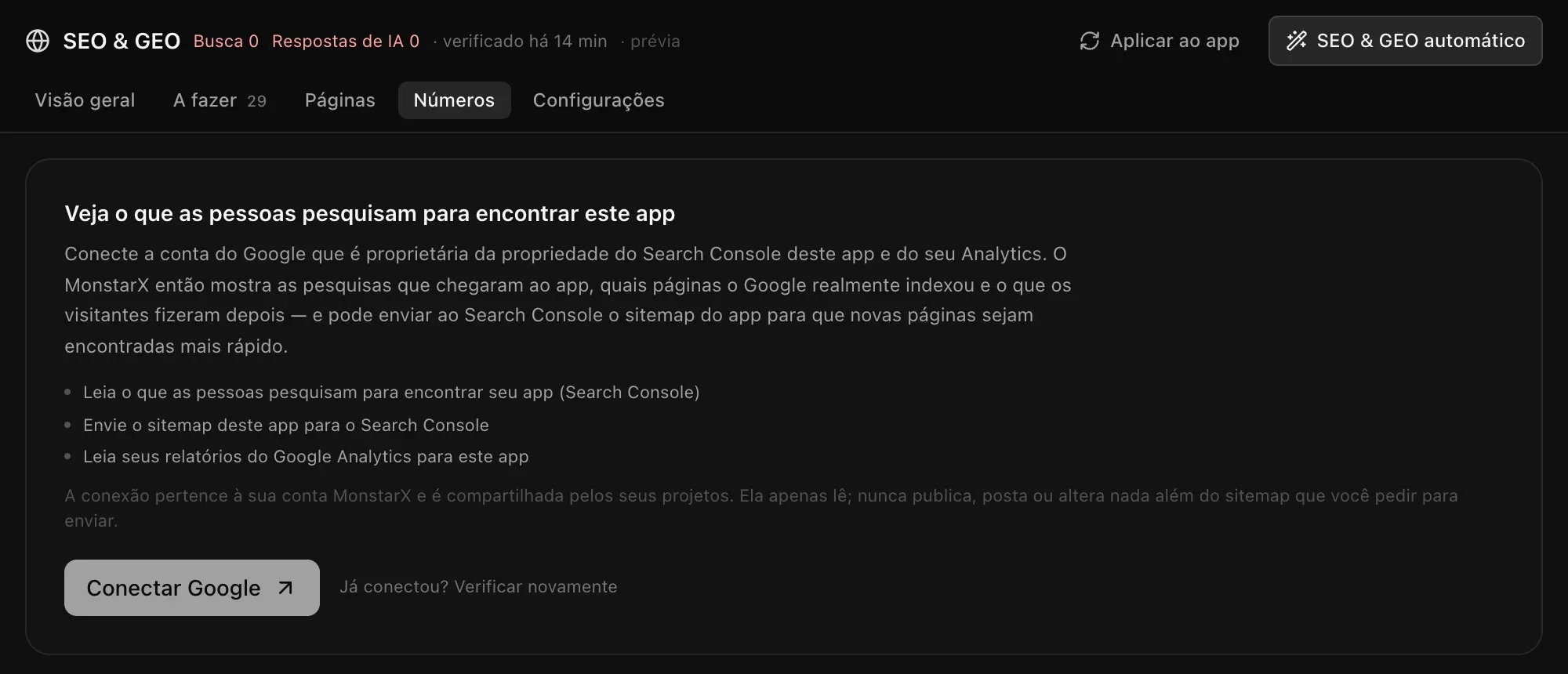 Números: veja o que as pessoas pesquisam para encontrar este app, com o que a conexão pode fazer e um botão Conectar Google