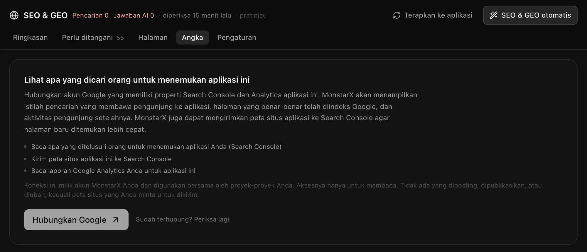 Angka: Lihat apa yang dicari orang untuk menemukan aplikasi ini, dengan penjelasan kemampuan koneksi dan tombol Hubungkan Google