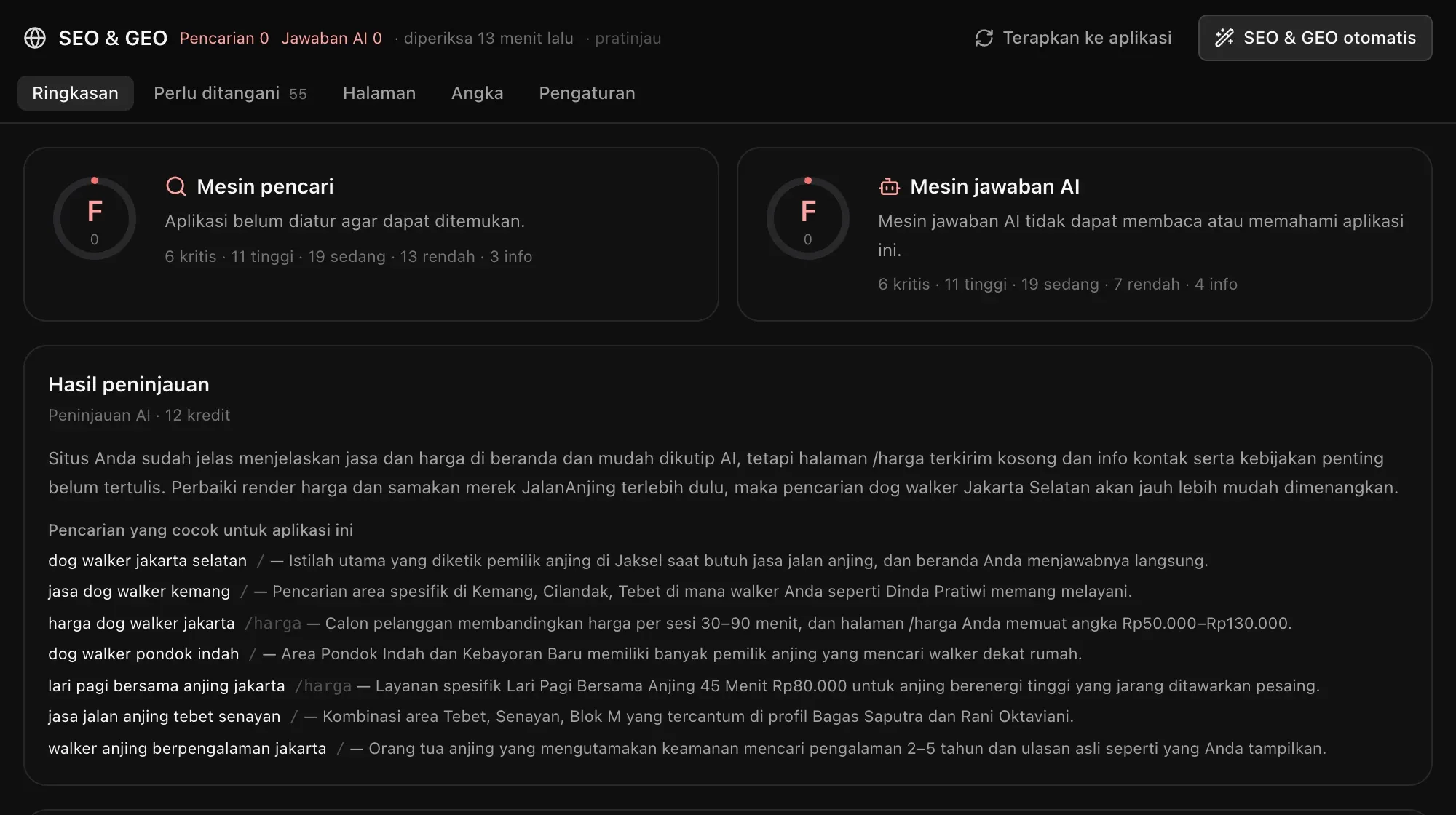 Ringkasan SEO & GEO: skor Mesin pencari dan Mesin jawaban AI, hasil tinjauan AI tentang aplikasi, dan istilah pencarian yang seharusnya menemukan aplikasi, masing-masing dengan alasannya