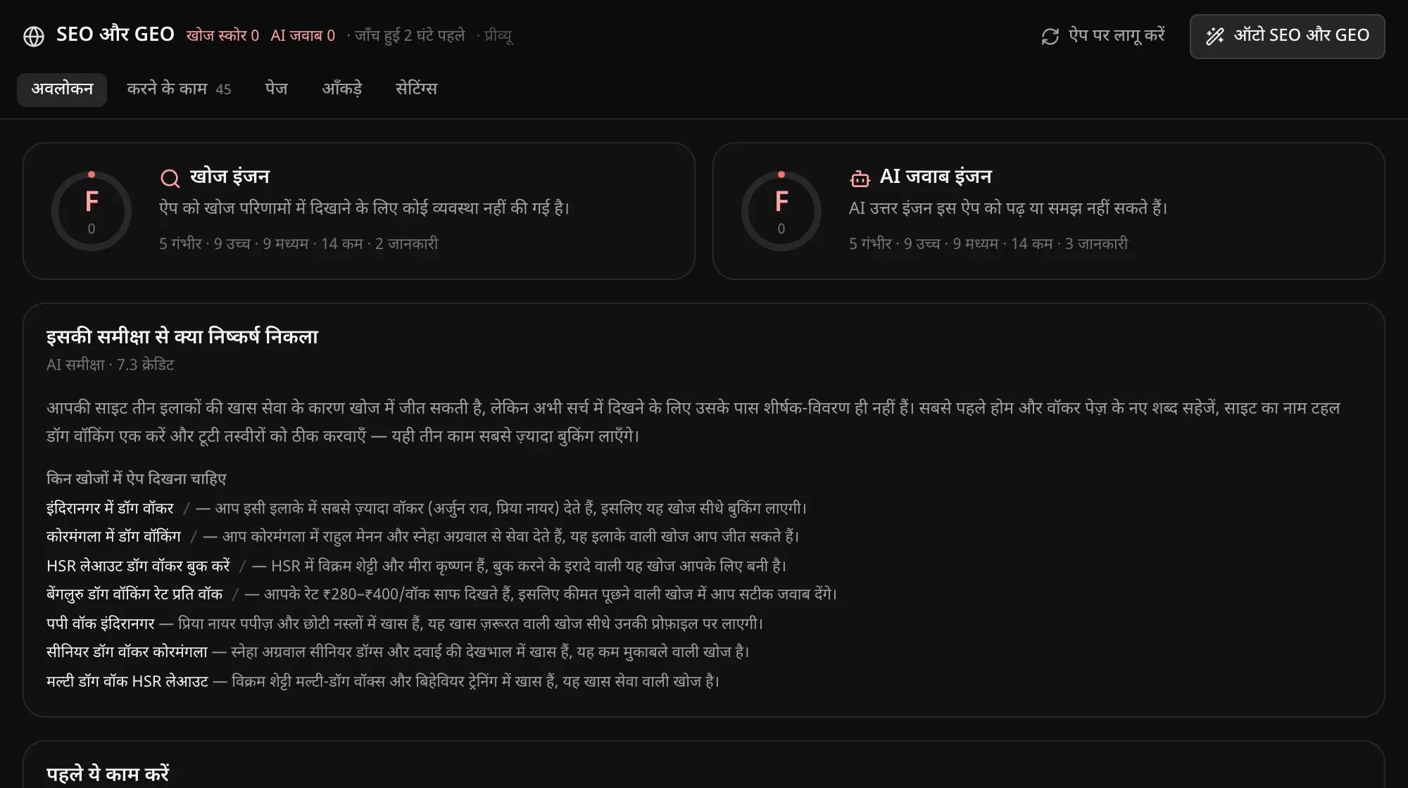 SEO और GEO का अवलोकन: खोज इंजन और AI जवाब इंजन के स्कोर (दोनों F 0), समीक्षा ने ऐप के बारे में क्या निष्कर्ष निकाला, और वे शब्द जिनकी खोज में ऐप दिखना चाहिए, जैसे इंदिरानगर में डॉग वॉकर और कोरमंगला में डॉग वॉकिंग, हर एक के कारण के साथ
