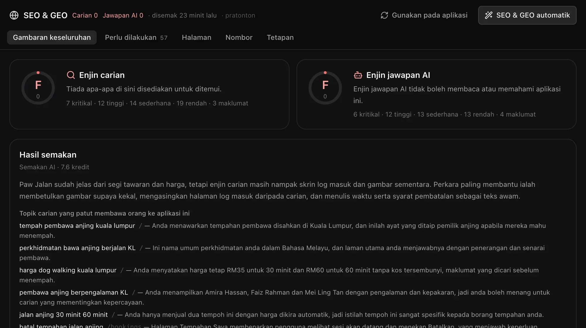 Gambaran keseluruhan SEO & GEO: skor Enjin carian dan Enjin jawapan AI (kedua-duanya F, 0, kerana aplikasi belum diterbitkan), hasil semakan AI tentang aplikasi itu, dan istilah carian yang patut menemukannya, setiap satu dengan sebab