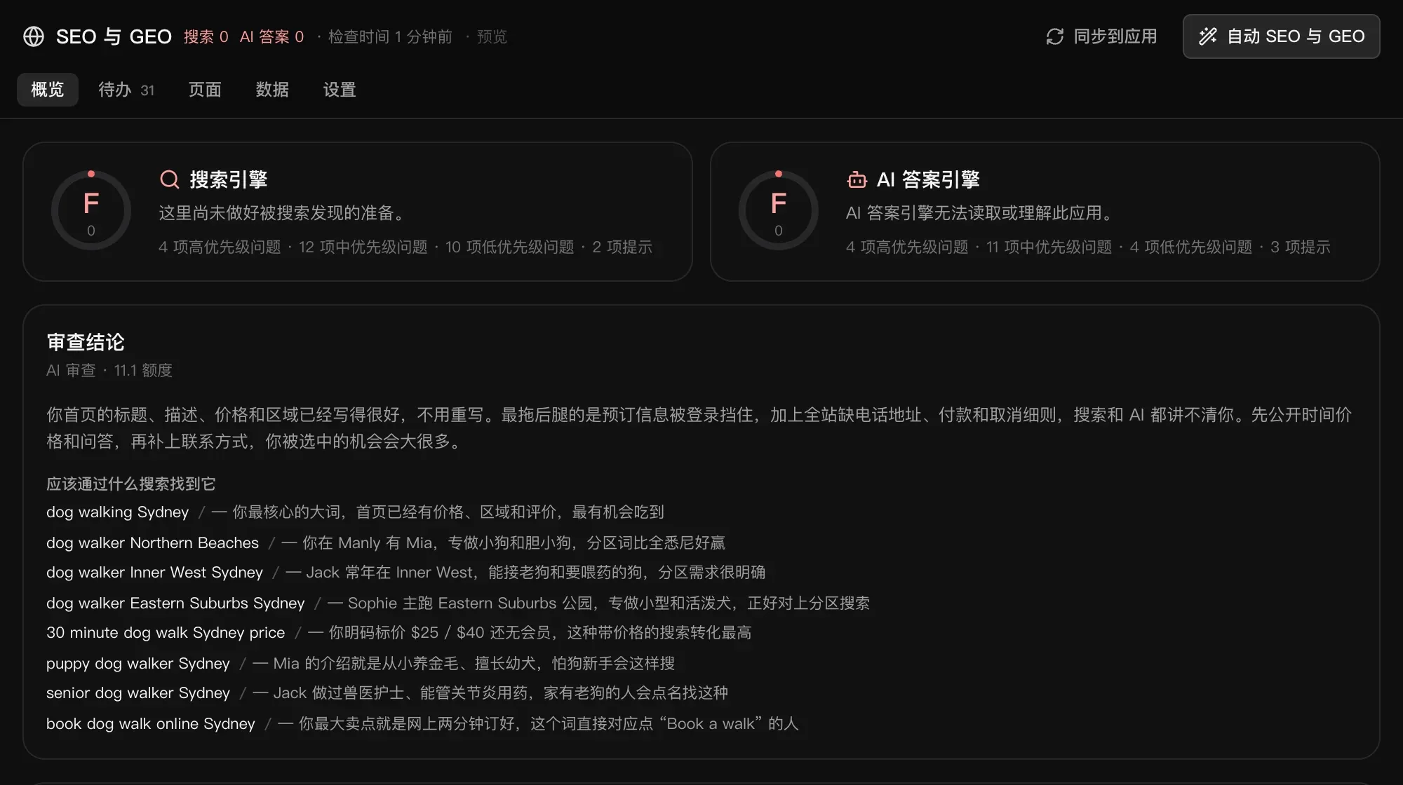 SEO 与 GEO 概览：搜索引擎和 AI 答案引擎的评分、审查结论，以及应该通过哪些搜索词被找到（每个都附有理由）