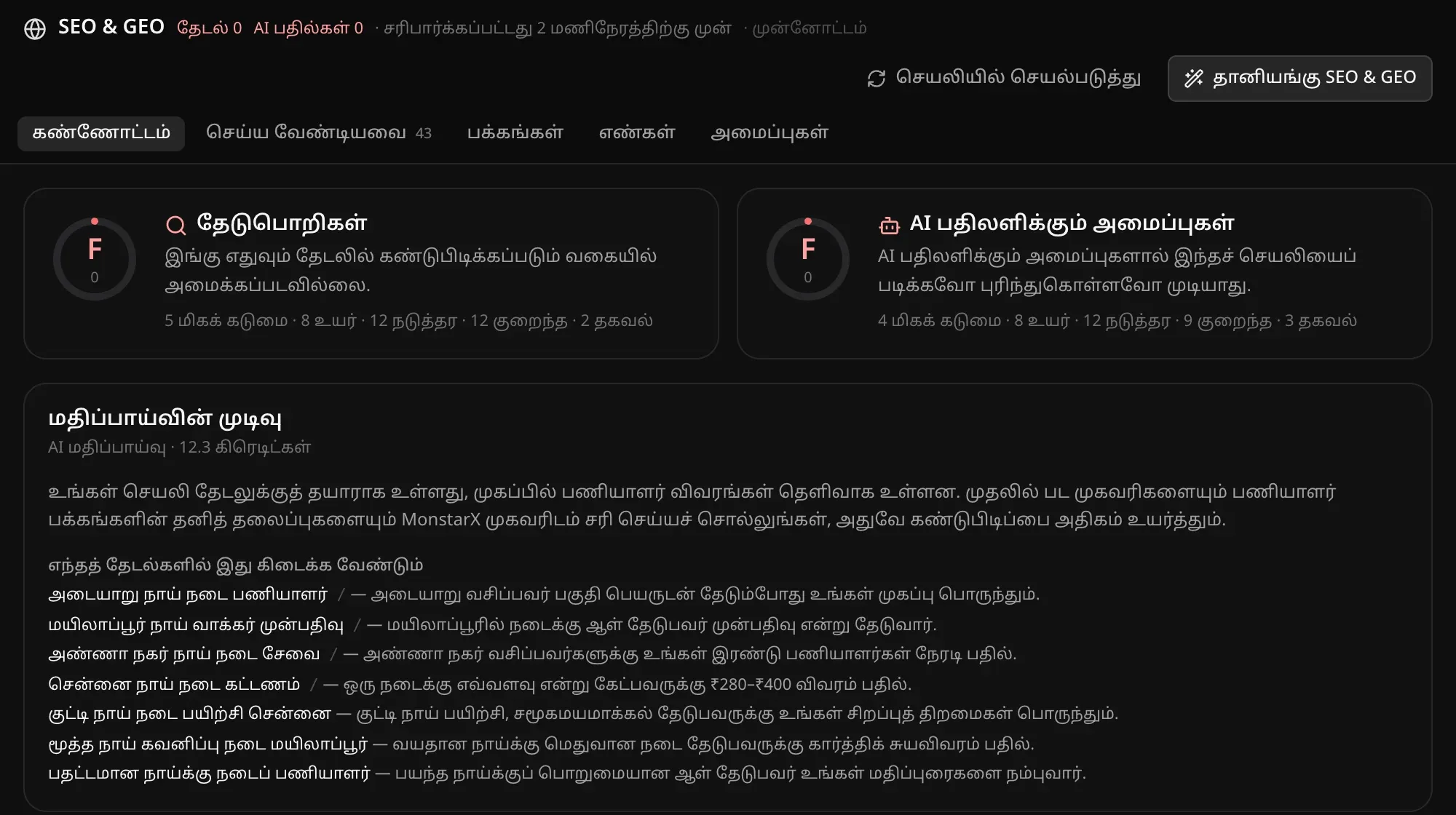 SEO & GEO கண்ணோட்டம்: தேடுபொறிகள், AI பதிலளிக்கும் அமைப்புகள் ஆகியவற்றின் மதிப்பெண்கள், செயலியைப் பற்றிய AI மதிப்பாய்வின் முடிவு, அது கிடைக்க வேண்டிய தேடல் சொற்கள், ஒவ்வொன்றுக்கும் காரணத்துடன்