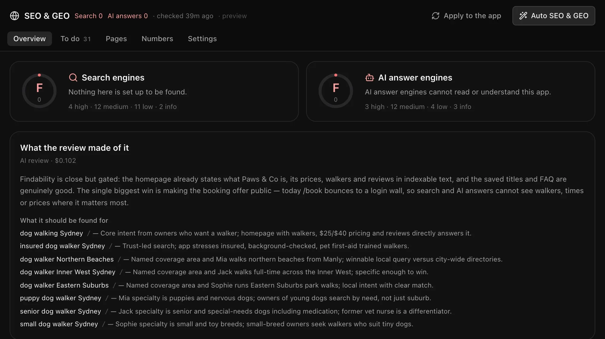 SEO & GEO Overview: Search engines and AI answer engines scores, what the AI review made of the app, and the terms it should be found for, each with a reason