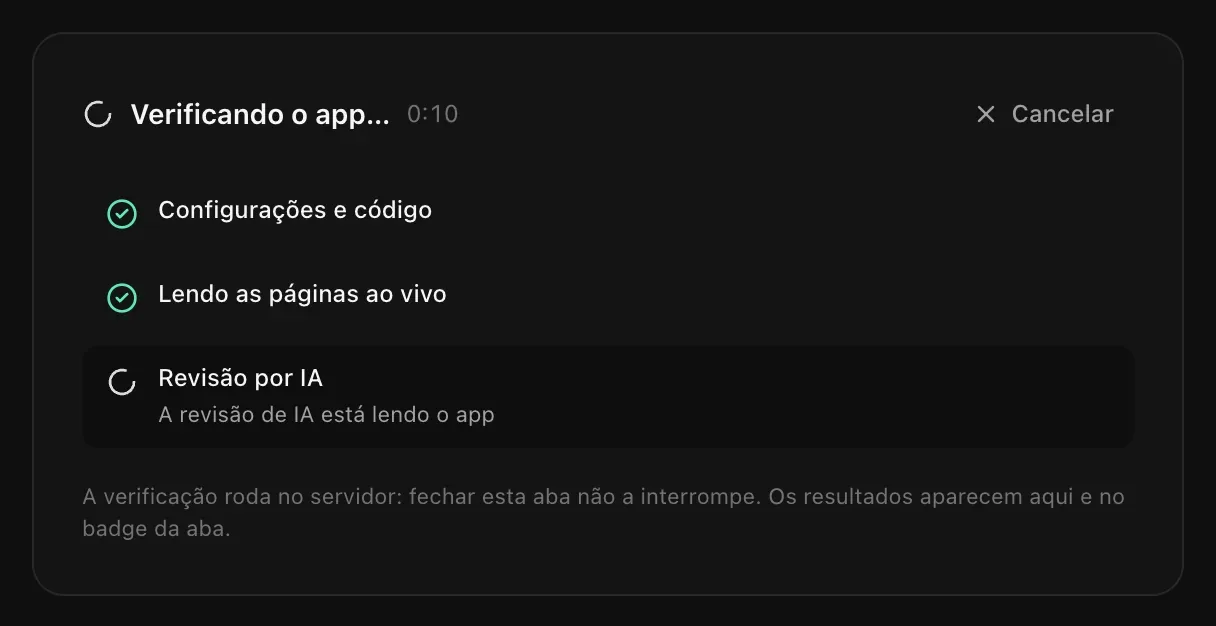 Verificando o app: Configurações e código concluídas, Lendo as páginas ao vivo concluído, Revisão por IA em andamento: A revisão de IA está lendo o app