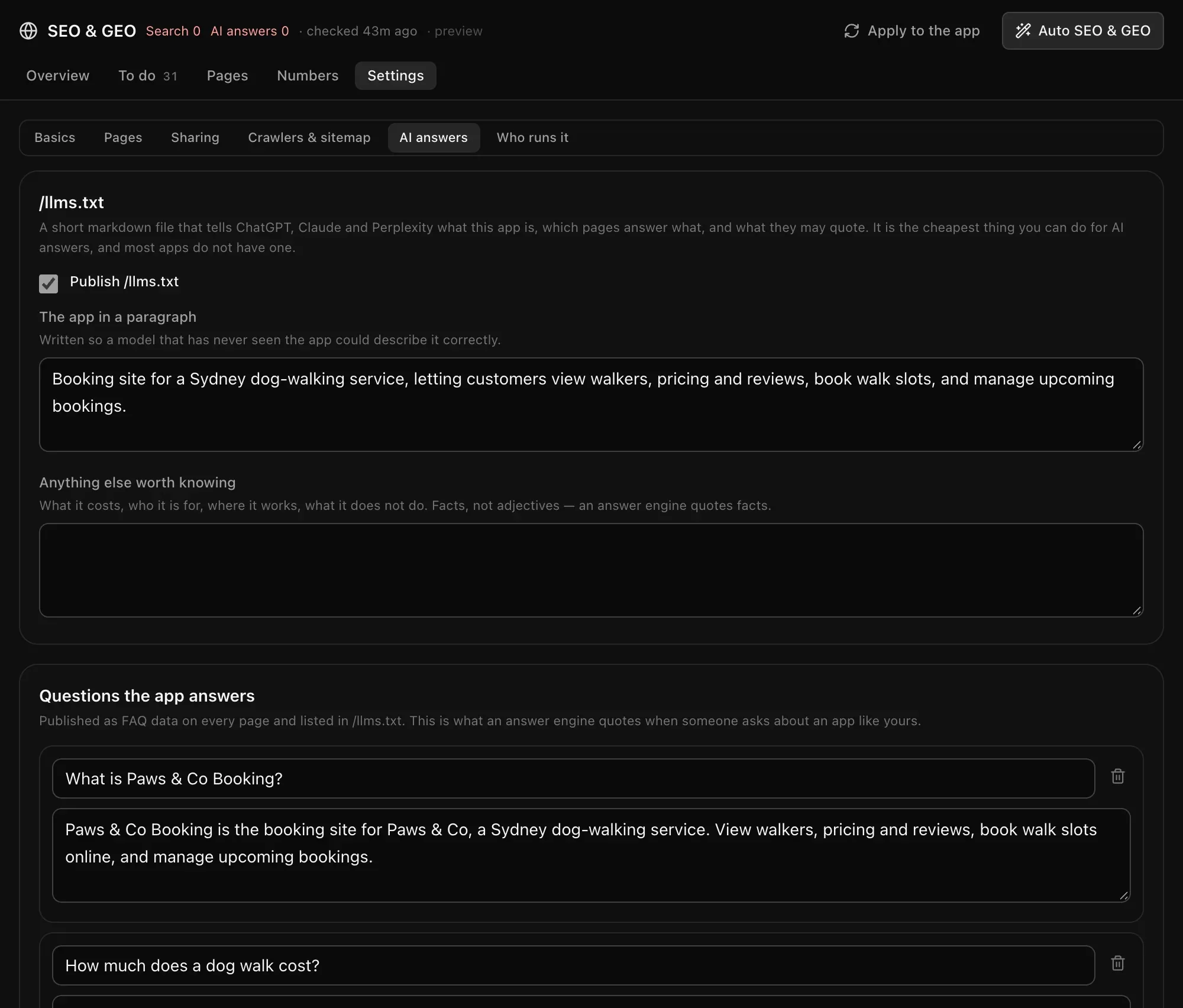 AI answers: Publish /llms.txt, the app in a paragraph, anything else worth knowing, and questions the app answers with their answers
