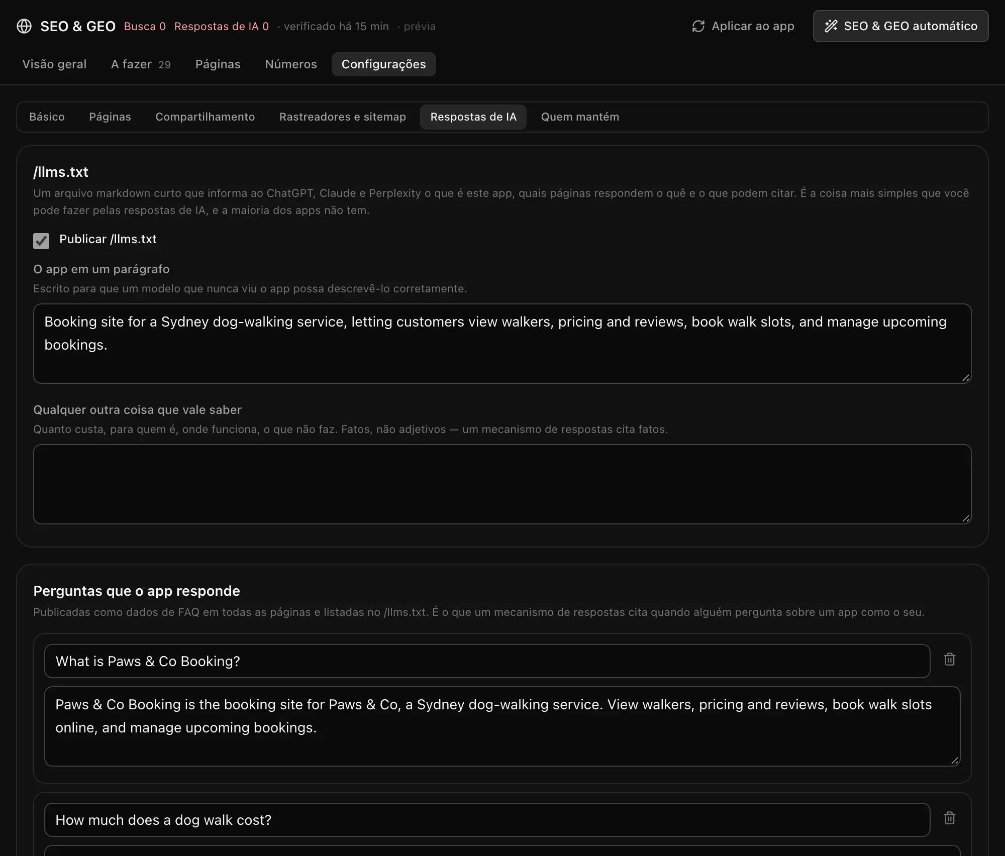 Respostas de IA: Publicar /llms.txt, o app em um parágrafo, qualquer outra coisa que vale saber e as perguntas que o app responde com as respostas