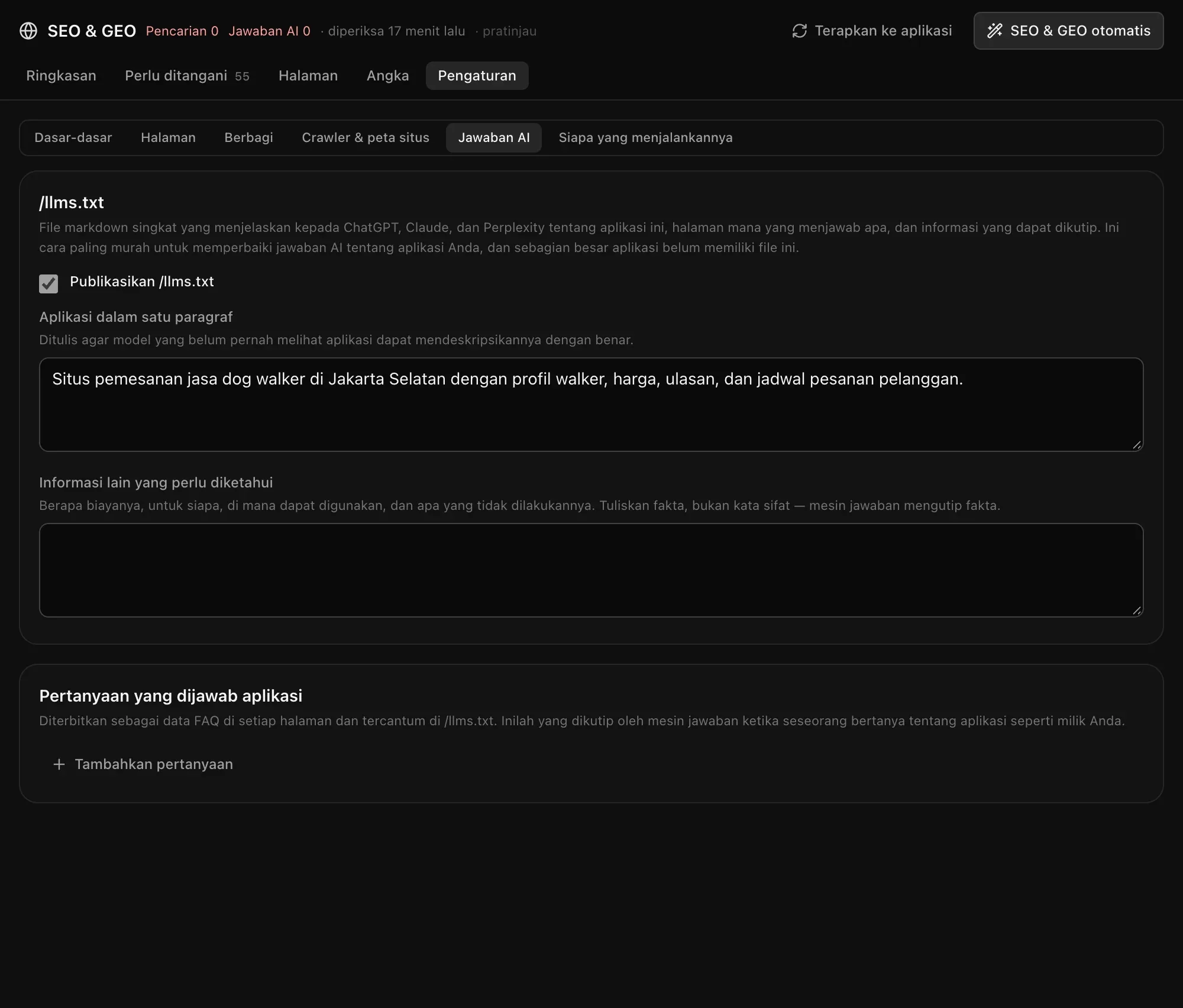 Jawaban AI: Publikasikan /llms.txt, aplikasi dalam satu paragraf, informasi lain yang perlu diketahui, dan pertanyaan yang dijawab aplikasi beserta jawabannya