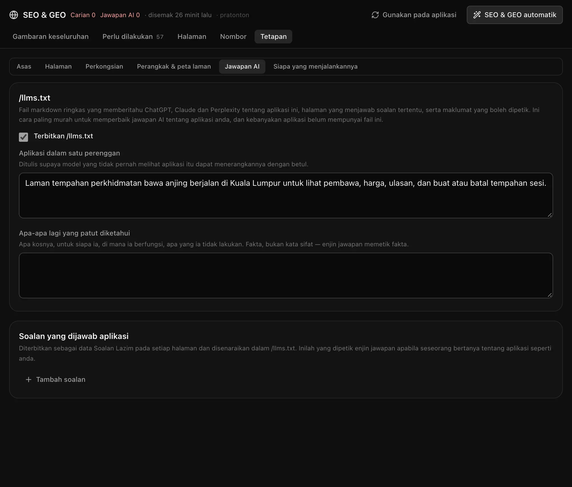 Jawapan AI: Terbitkan /llms.txt, aplikasi dalam satu perenggan, apa-apa lagi yang patut diketahui, dan soalan yang dijawab oleh aplikasi beserta jawapannya